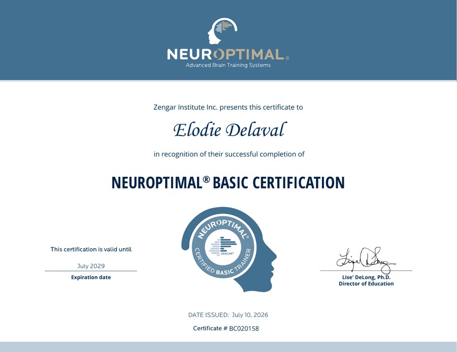 Certificat NeurOptimal® Basic Trainer délivré à Élodie Delaval par le Zengar Institute